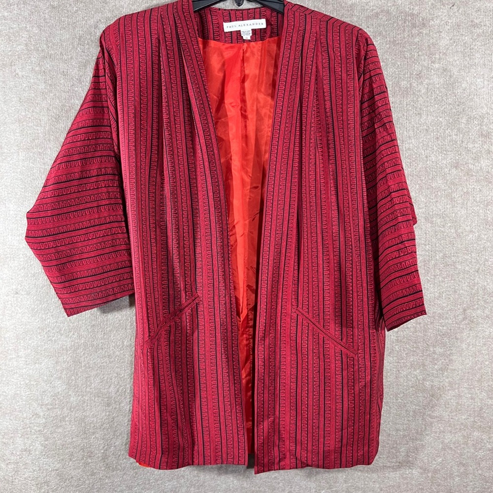 Vintage Paul Alexander Silk Kimono Jacket Women 14 Red Black Striped Boho Chic